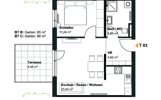 44 m2 Neubau-Gartenwohnung inkl. Tiefgaragenplatz in der Friedensstraße